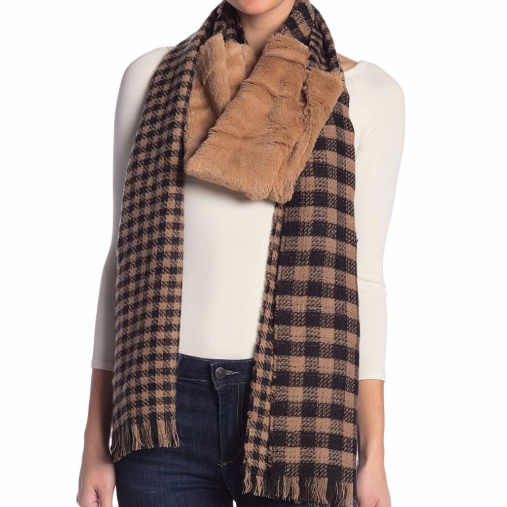 D&Y Houndstooth Faux Fur Panel Scarf NWT Brown & Black in Gingham Buffalo Plaid - Picture 14 of 14